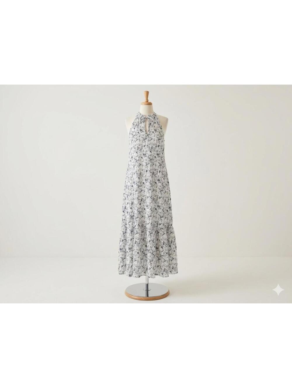 Nine West Halter Neck Tiered Maxi Dress | White & Grey | Size S